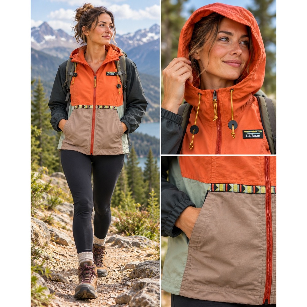 LL Bean Mountain Classic Anorak Full Zip Jacket Orange Colorblock SZ S Hiking